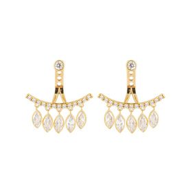 gold-plated curved stud earrings with sparkling pendants