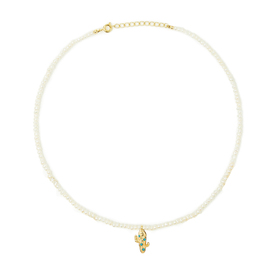 Pearl necklace with gold-plated cactus pendant with crystals