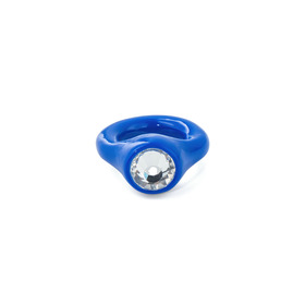 blue polymer clay ring with a large transparent rhinestone