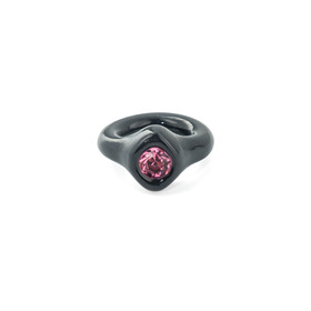 black polymer clay ring with pink crystal