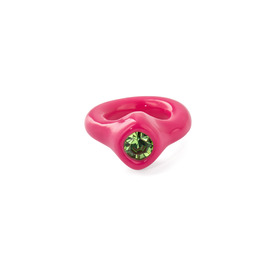 bright pink polymer clay ring with green crystal