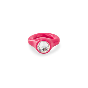 Bright pink polymer clay ring with a large transparent rhinestone