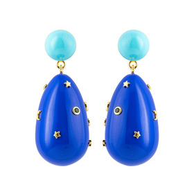 large earrings with teal and blue enamel and crystals