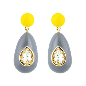 Large earrings with gray and yellow enamel with a large crystal