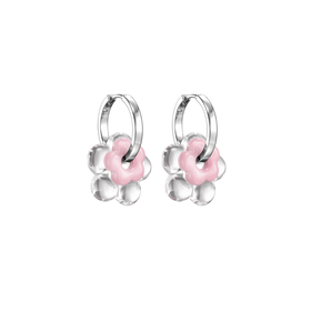 Bloom Freedom Clear-Pink. Silver transformer earrings with transparent and pink flowers