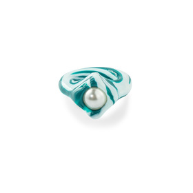 teal and white tie-dye polymer clay ring with a large pearl