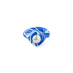 Blue-white polymer clay ring with pearls