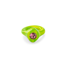 green and yellow tie-dye polymer clay ring with pink crystal