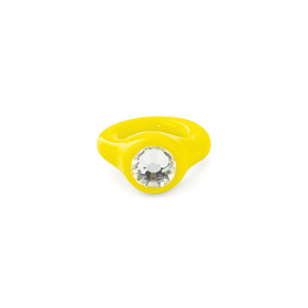 yellow polymer clay ring with a large transparent rhinestone