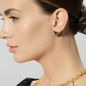 Gold-plated stud earrings with green enamel