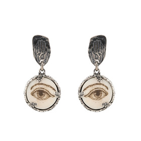 Earrings made of silver with an Eye pattern made of bone