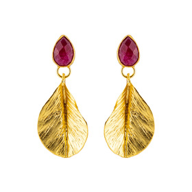 gold-tone leaf earrings with dark ruby stone