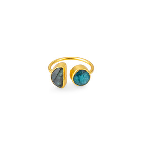Gold-tone ring with dark blue and green stones