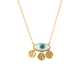 Gold-tone necklace with three coins and an eye