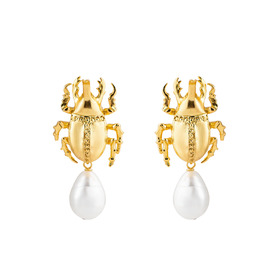 Gold-tone beetle earrings with pearls
