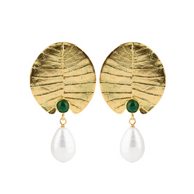 Gold-tone earrings with pearls and small green stones
