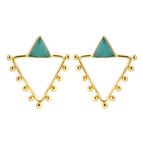 Gold-tone triangular earrings with a green stone