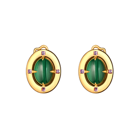 Large gold-plated silver earrings with malachite and amethysts