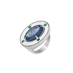 Oval silver ring with kyanite and green agates