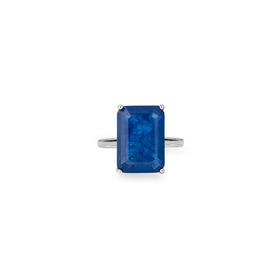 Silver ring with a large blue rectangular crystal