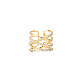 Gold-plated open ring made of silver with intersections and crystals