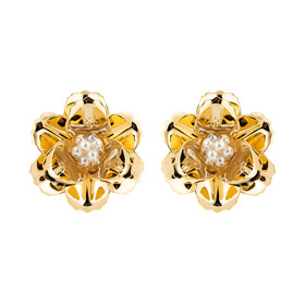 Golden Crumpled flower earrings with a cluster of beads