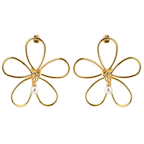Golden Flower Earrings with Pearl Bead