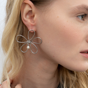 Silver Flower Earrings with Pearl Bead