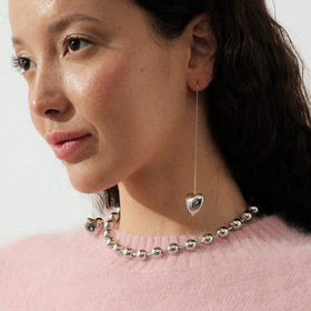 Silver-tone long chain stud earrings with heart pendants