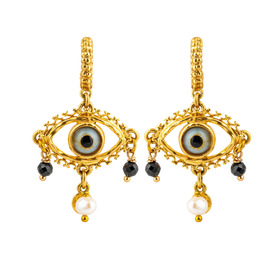 Golden Eye Earrings with spinel and pearl pendants