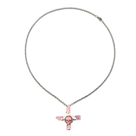Pink cross pendant with a skull on a long chain