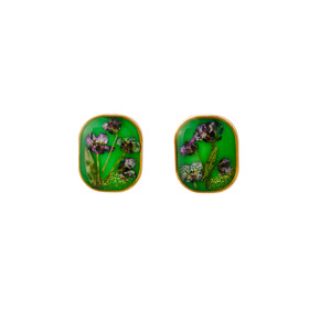 Golden green earrings with purple flowers