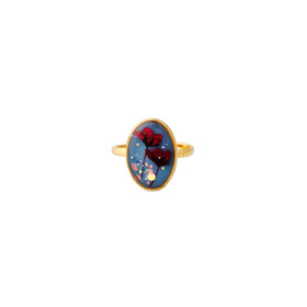 Golden oval blue ring with red flowers