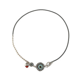 Silver necklace with blue glass eye and coral