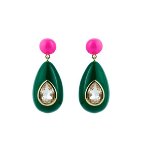 Large earrings with pink and green enamel with white crystal