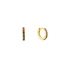 Gold-plated hoop earrings with a path of multicolored crystals