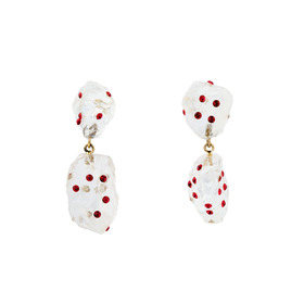 Earrings with white quartz pendants with red crystals