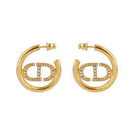 Gold hoop earrings with logo and white beads