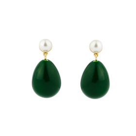 Small golden earrings with green enamel and pearls