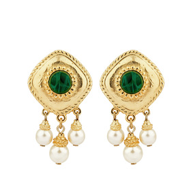 Gold-plated Ellery earrings with an insert of green Czech glass and pearls