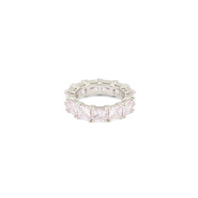 A silver ring with a path of pink crystals