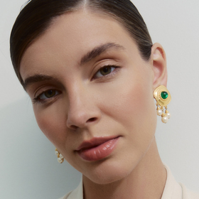 Gold-plated Ellery earrings with an insert of green Czech glass and pearls