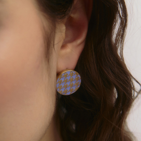 gold-plated silver earrings with a lavender enamel houndstooth pattern