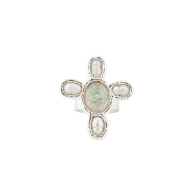 Silver plated cross ring with dichroic glas and pearls