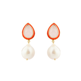 Gold-plated Demi Jaipur earrings with baroque pearls and rose quartz in orange enamel