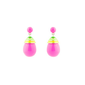Small golden earrings with bright pink enamel and multicolored top