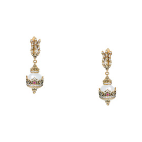 Gold-plated crown earrings with pearls and crystals