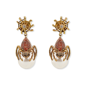 Gold-plated spider earrings with orange crystals and pearls