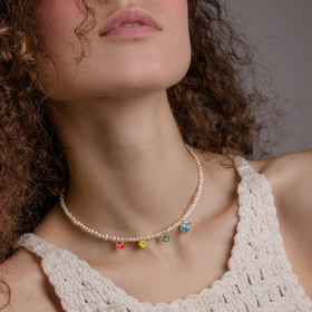 gold-plated pearl necklace with color amulets