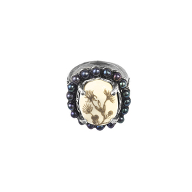 Silver ring with bone, pearl and thistle pattern